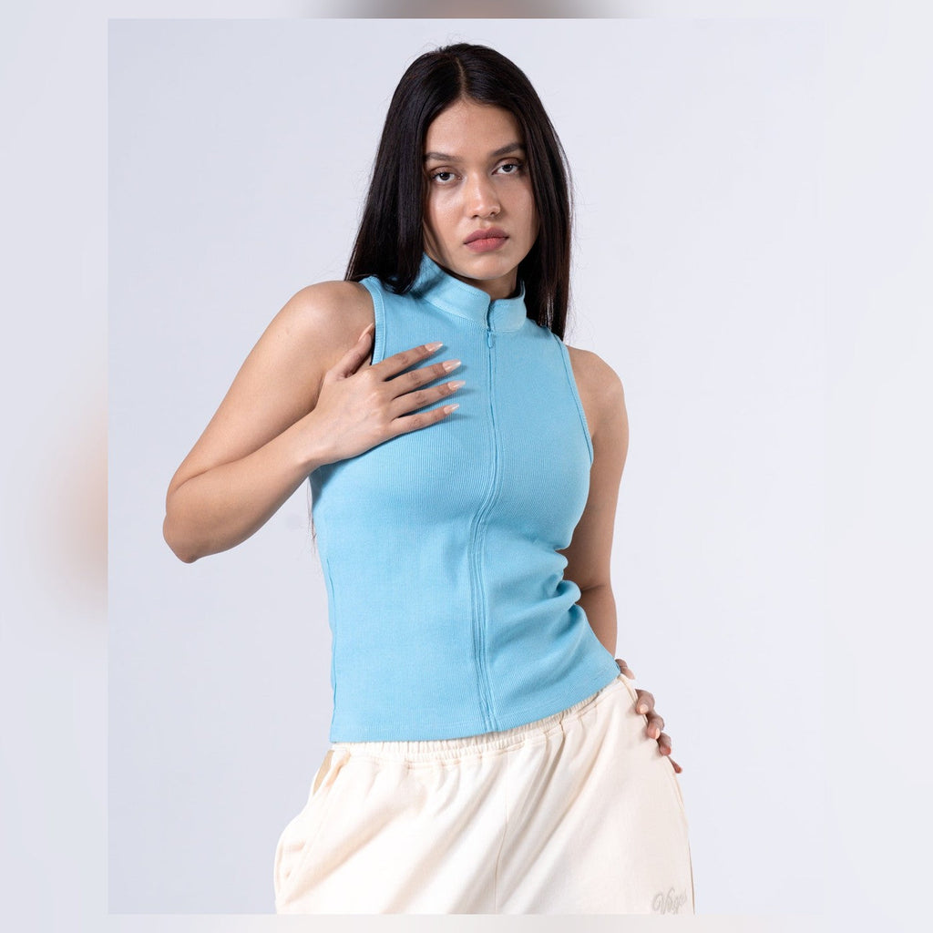 Woman wearing the Virgous azure racerback zipper tank