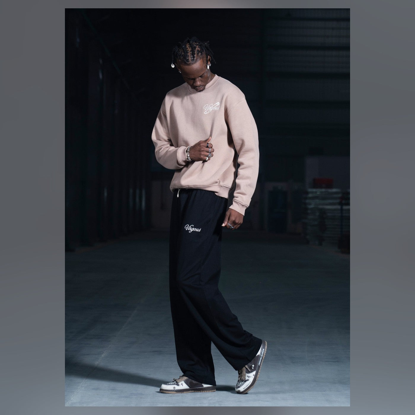 Man wearing Virgous wide-leg joggers