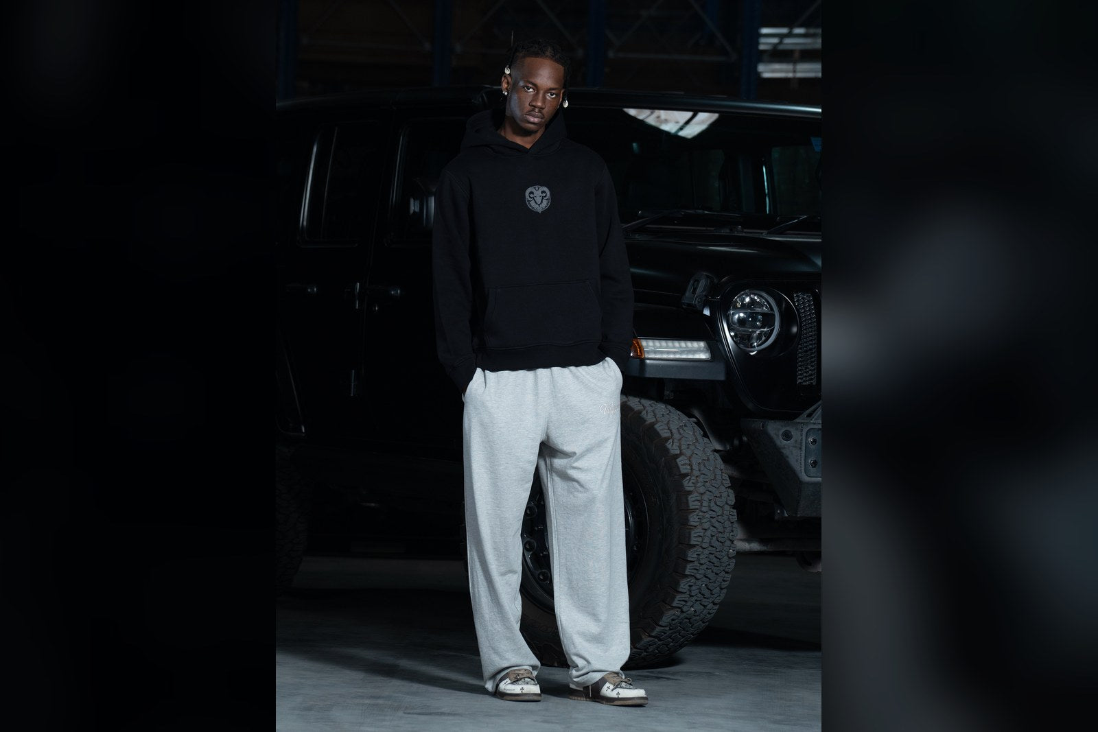 Virgous heavyweight hoodie on model, fabric care guide