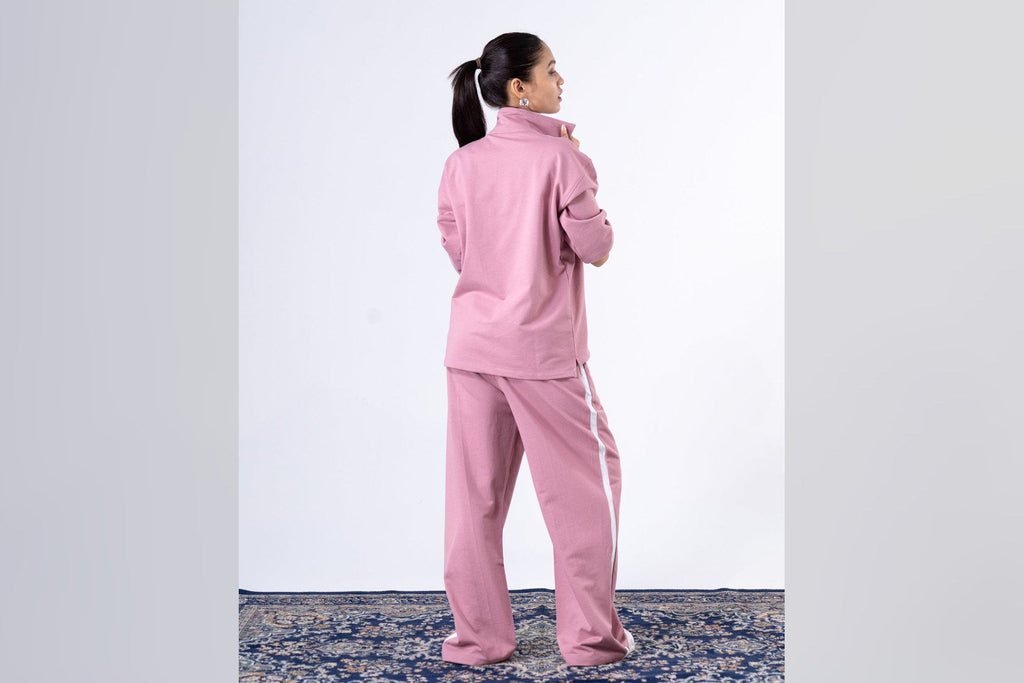 Model in a Virgous blush co-ord set, summer capsule wardrobe